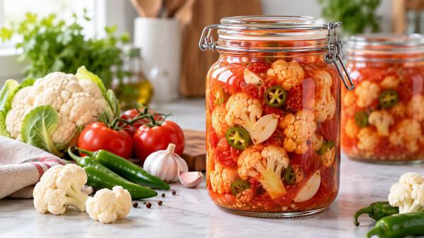 طرز تهیه ترشی گل کلم با آب گوجه؛ خوش رنگ و ترد