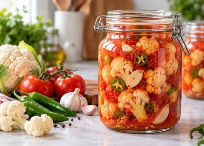 طرز تهیه ترشی گل کلم با آب گوجه؛ خوش رنگ و ترد